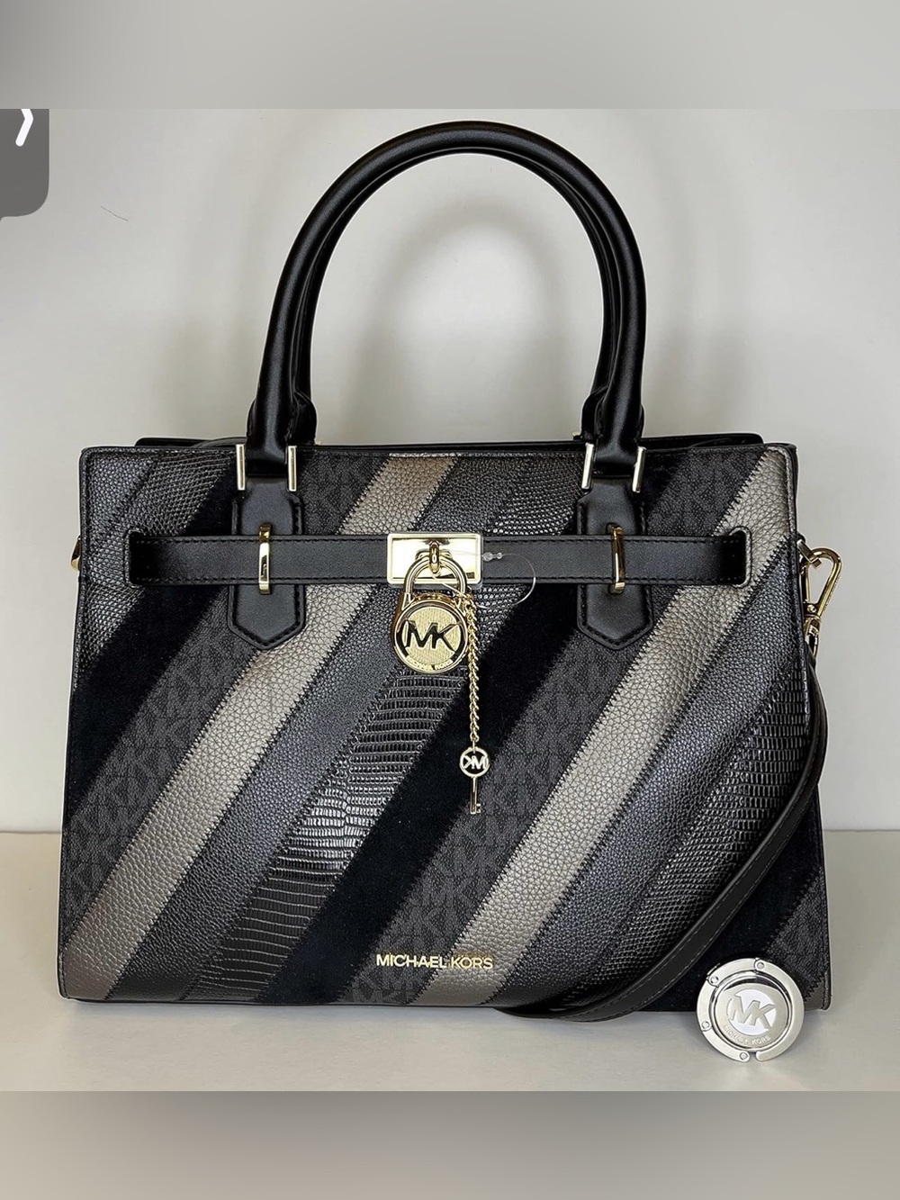 Michael Kors Black and Gray Striped Satchel